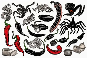 Scorpion pepper with mullet and 80s style sunglasses tattoo idea