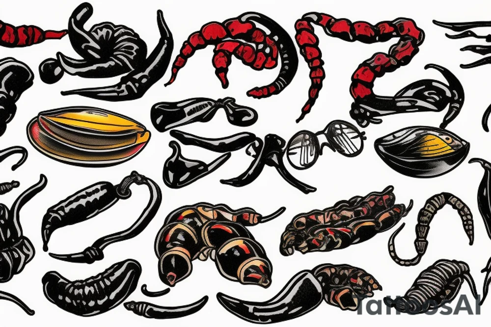 Scorpion pepper with mullet and 80s style sunglasses tattoo idea