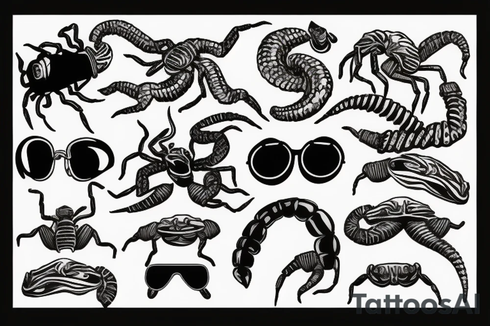 Scorpion pepper mullet 80s style sunglasses tattoo idea