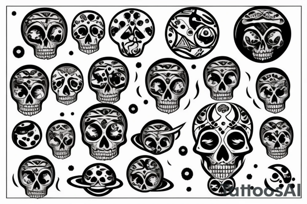 Skull with planets breaking out of the head tattoo idea
