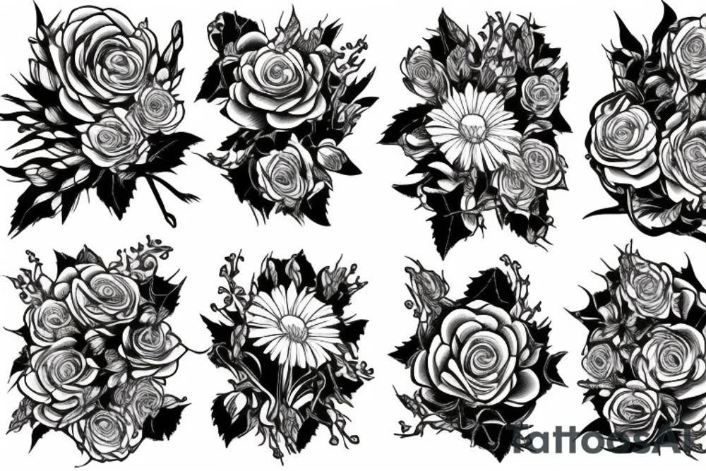 Rib tattoo, Roses, asters, and narcissus flowers tattoo idea