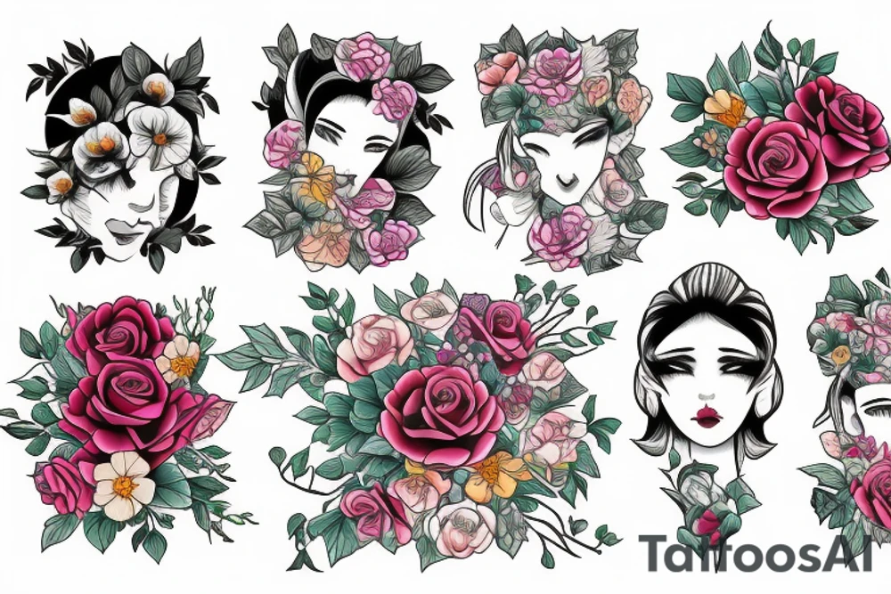 Bouquet of roses, morning glory, and narcissus tattoo idea
