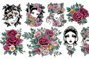 Bouquet of roses, morning glory, and narcissus tattoo idea