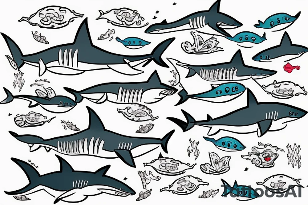 Three happy sharks swimming together tattoo idea