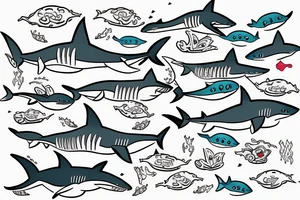 Three happy sharks swimming together tattoo idea