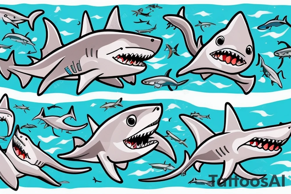 Three happy sharks swimming together tattoo idea