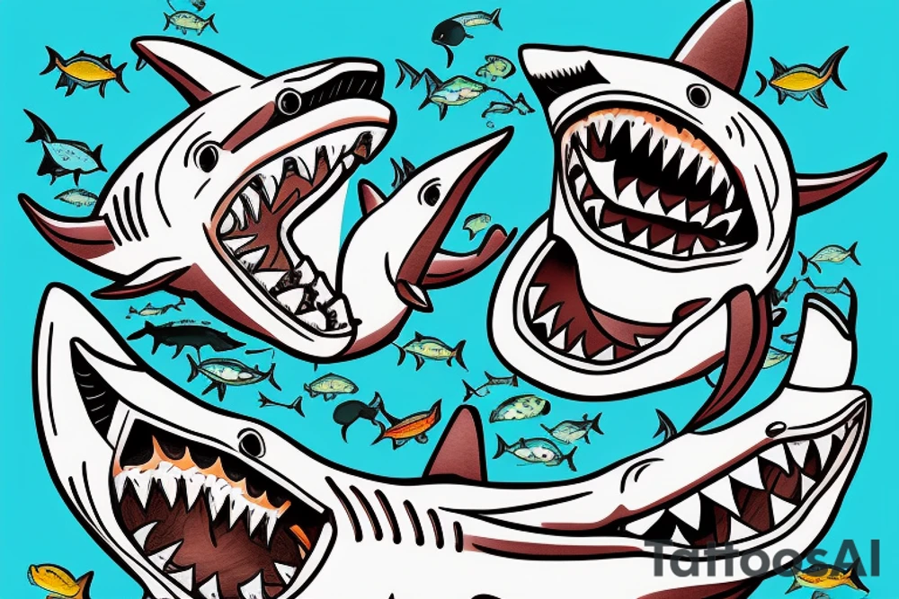 Three happy sharks swimming together tattoo idea