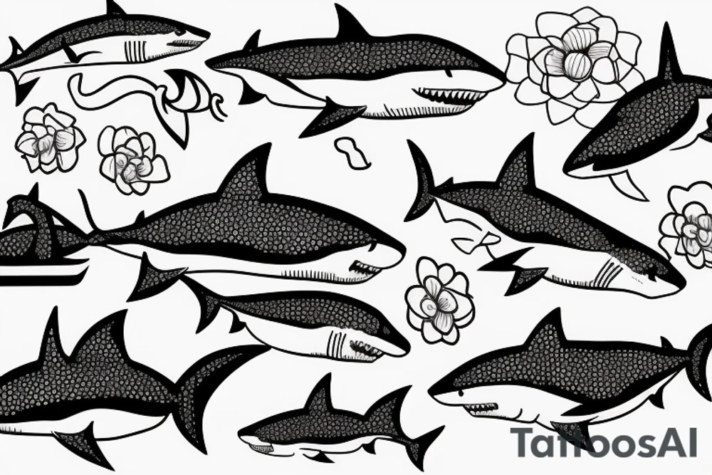 A shark with line art flowers around it tattoo idea