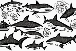 A shark with line art flowers around it tattoo idea