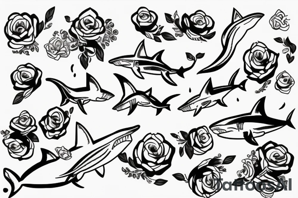 A shark with line art flowers around it tattoo idea