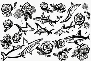 A shark with line art flowers around it tattoo idea