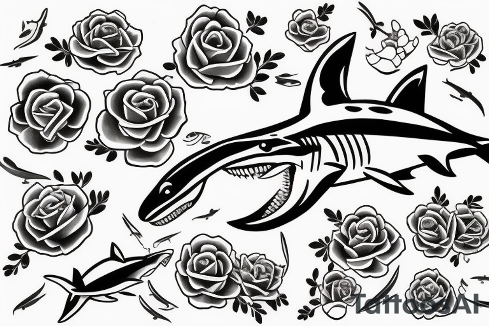 A shark with line art flowers around it tattoo idea