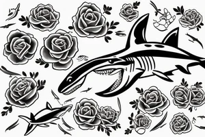 A shark with line art flowers around it tattoo idea