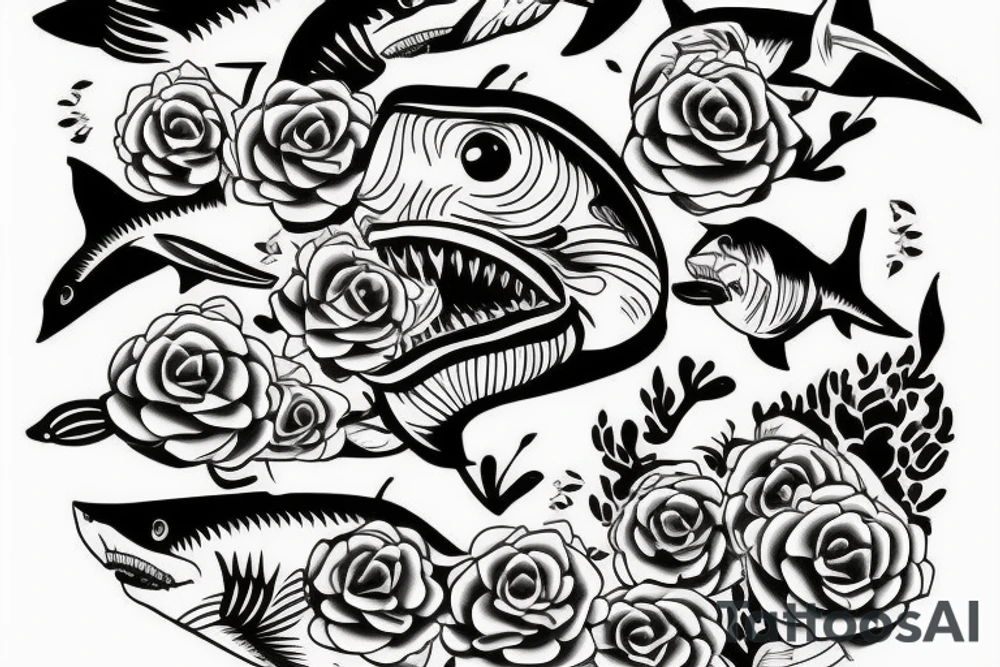 A shark with line art flowers around it tattoo idea