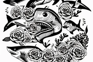 A shark with line art flowers around it tattoo idea