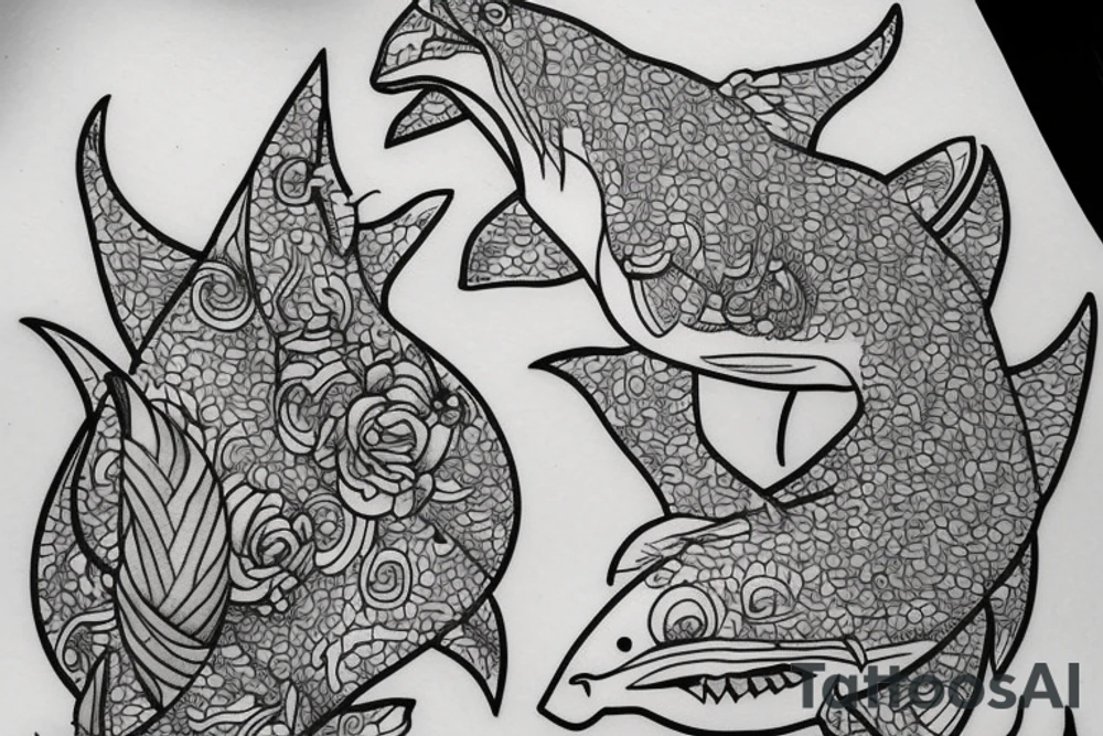 A shark with line art flowers around it tattoo idea