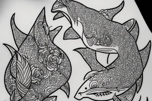 A shark with line art flowers around it tattoo idea