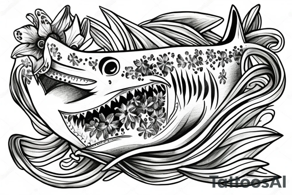 A shark with line art flowers around it tattoo idea
