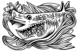 A shark with line art flowers around it tattoo idea