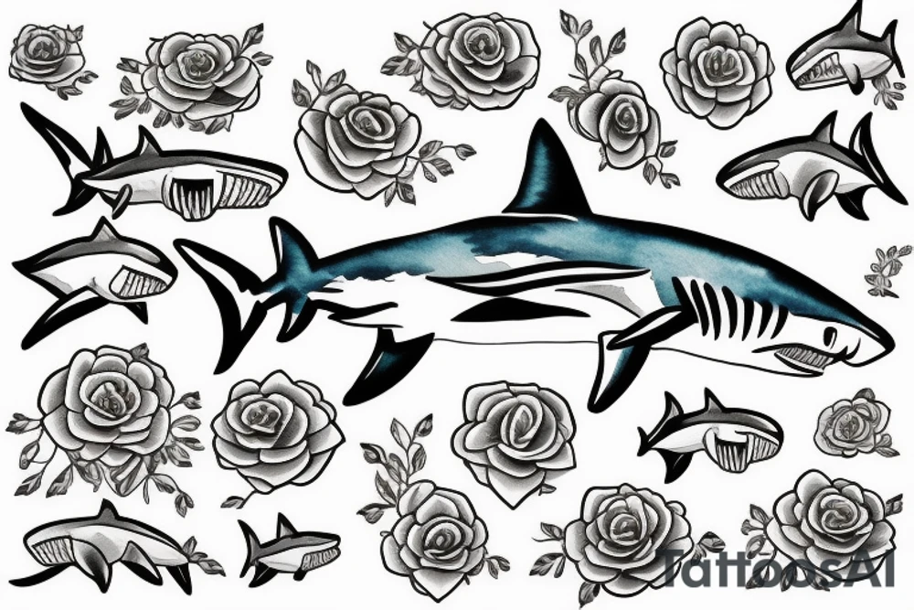 A shark with line art flowers around it tattoo idea