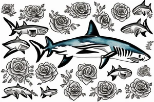 A shark with line art flowers around it tattoo idea