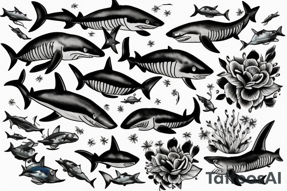 A shark with line art flowers around it tattoo idea