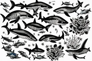 A shark with line art flowers around it tattoo idea