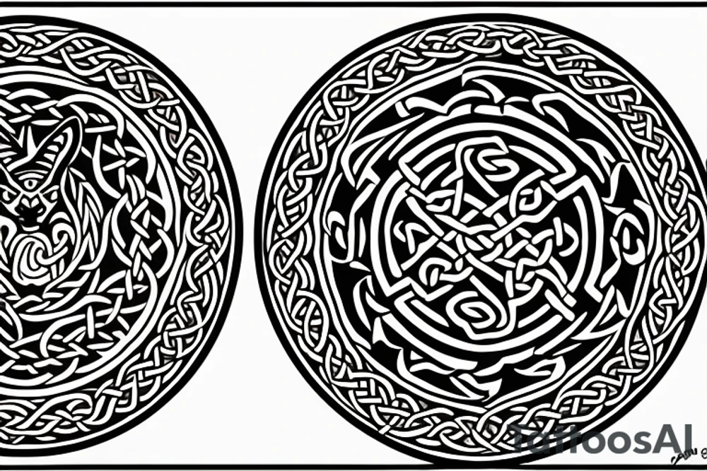 Two wolves done in celtic style facing each other. With a circle in the middle of the two wolves tattoo idea