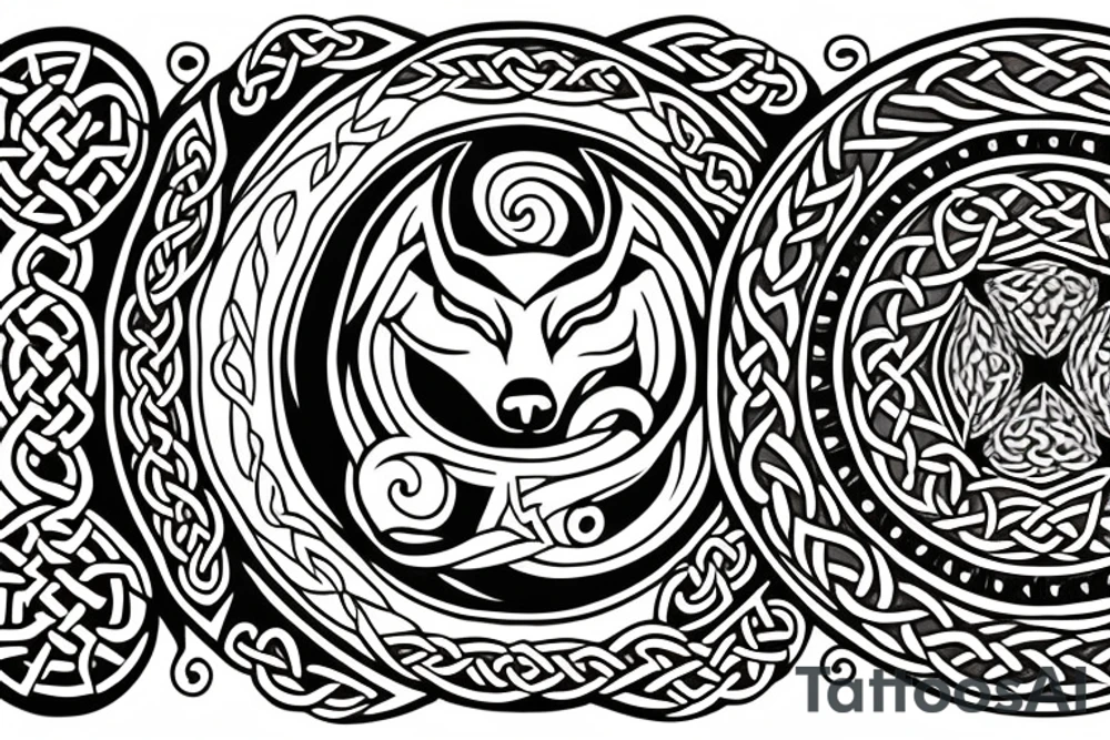 Two wolves done in celtic style facing each other. With a circle in the middle of the two wolves tattoo idea