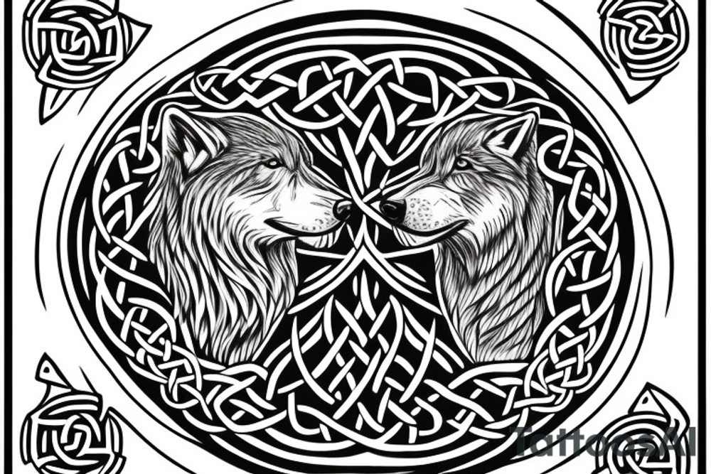 Two wolves done in celtic style facing each other.  With a circle in the middle of the two wolves inside the circle is empty tattoo idea