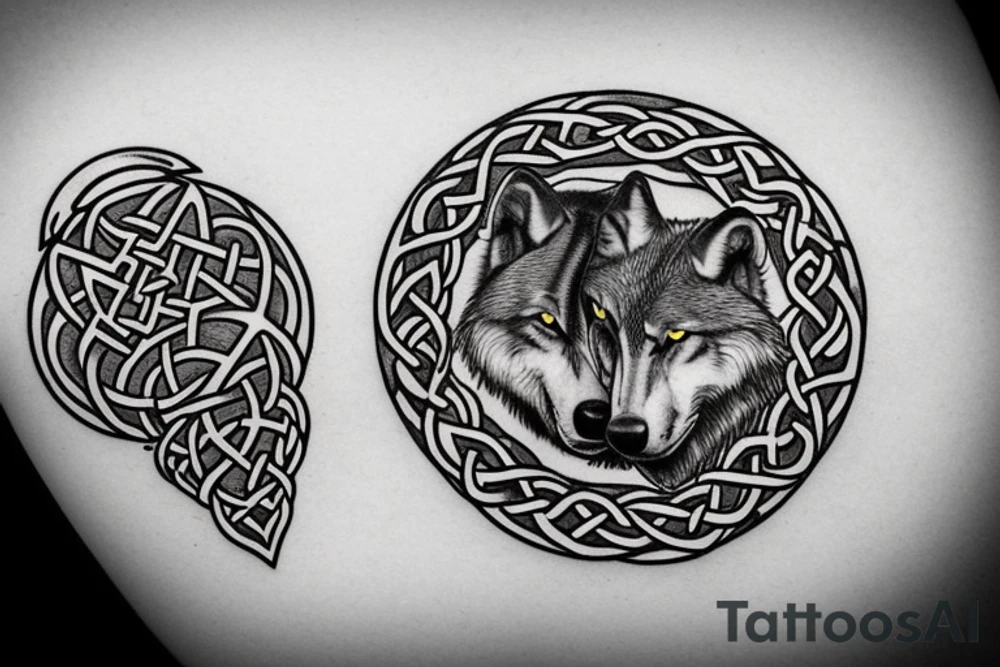 Two wolves done in celtic style facing each other.  With a circle in the middle of the two wolves inside the circle is empty tattoo idea