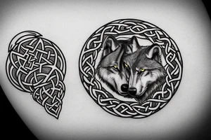 Two wolves done in celtic style facing each other.  With a circle in the middle of the two wolves inside the circle is empty tattoo idea