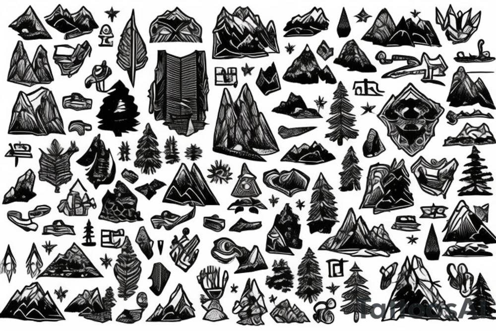 Mountain tattoo, patchwork style tattoo idea