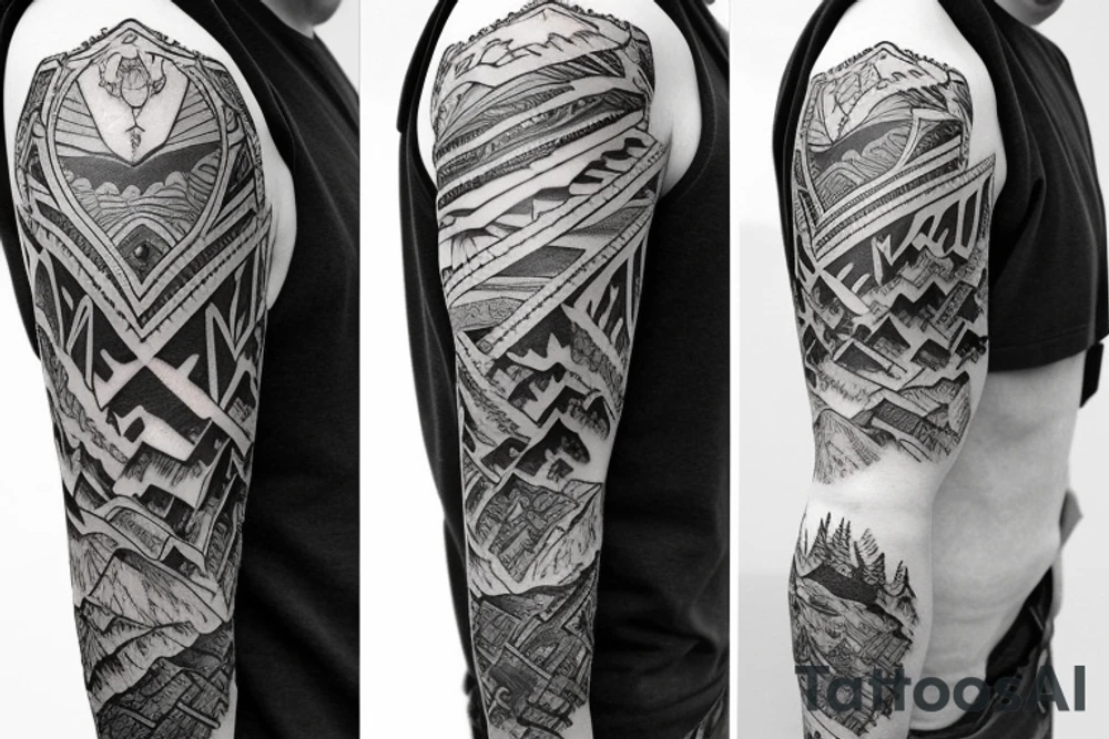 Mountain tattoo, patchwork style, New Zealand tattoo idea Mountain tattoo, patchwork style, New Zealand tattoo idea