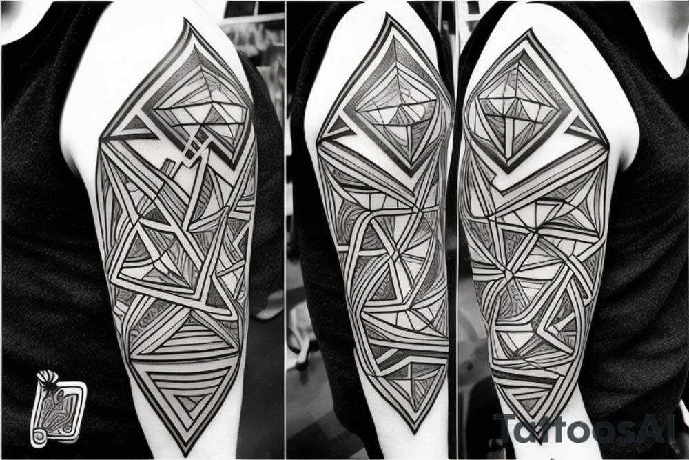 geometrische Muster wie mc Escher

Art Fusion tattoo style, white background, --no skin tattoo idea