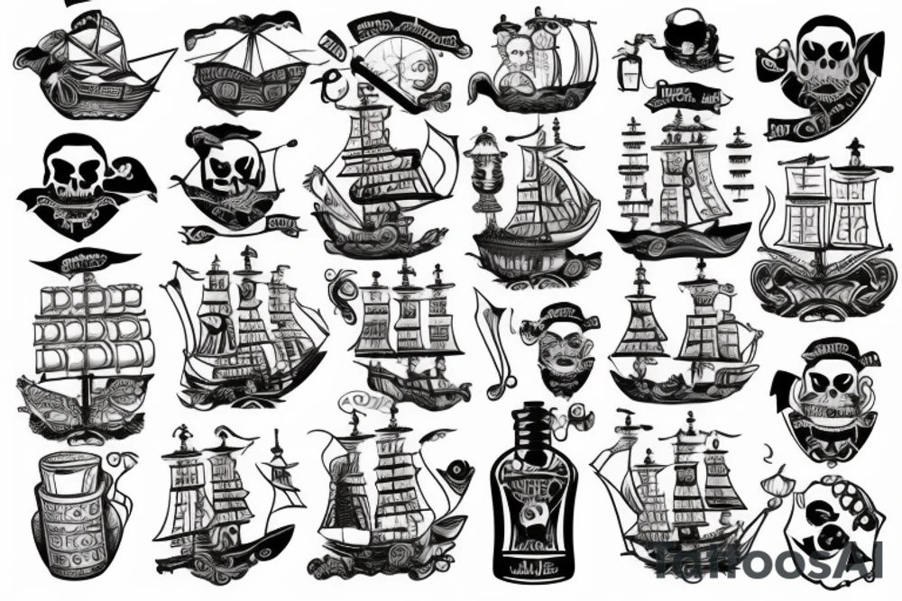 Pirate Ship in a bottle patchwork tattoo idea