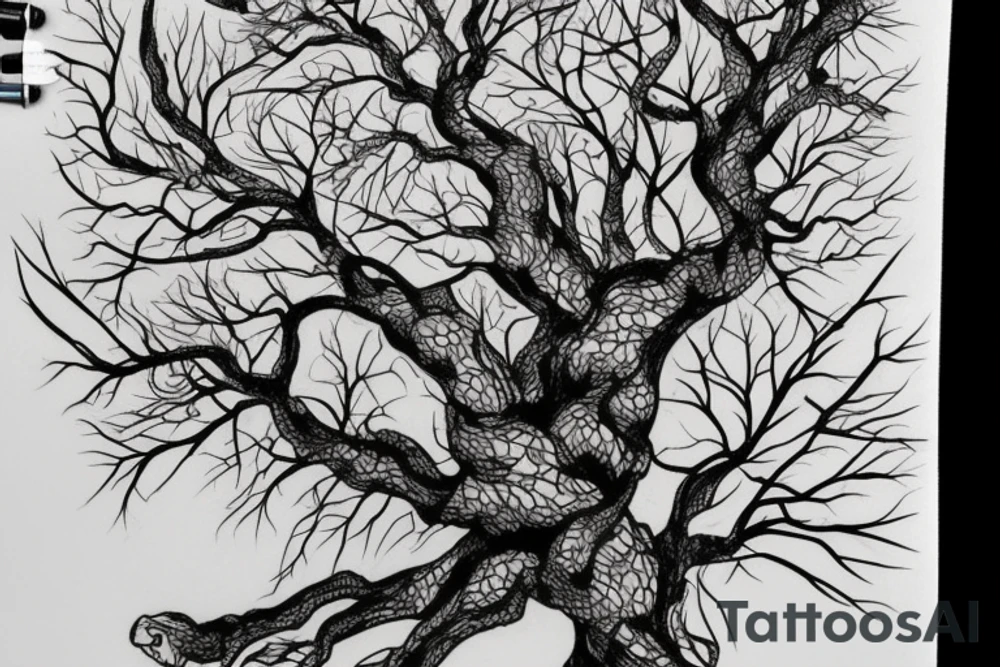 Tower surrounded by mulberry branches with a river passing at the foot of the tower tattoo idea