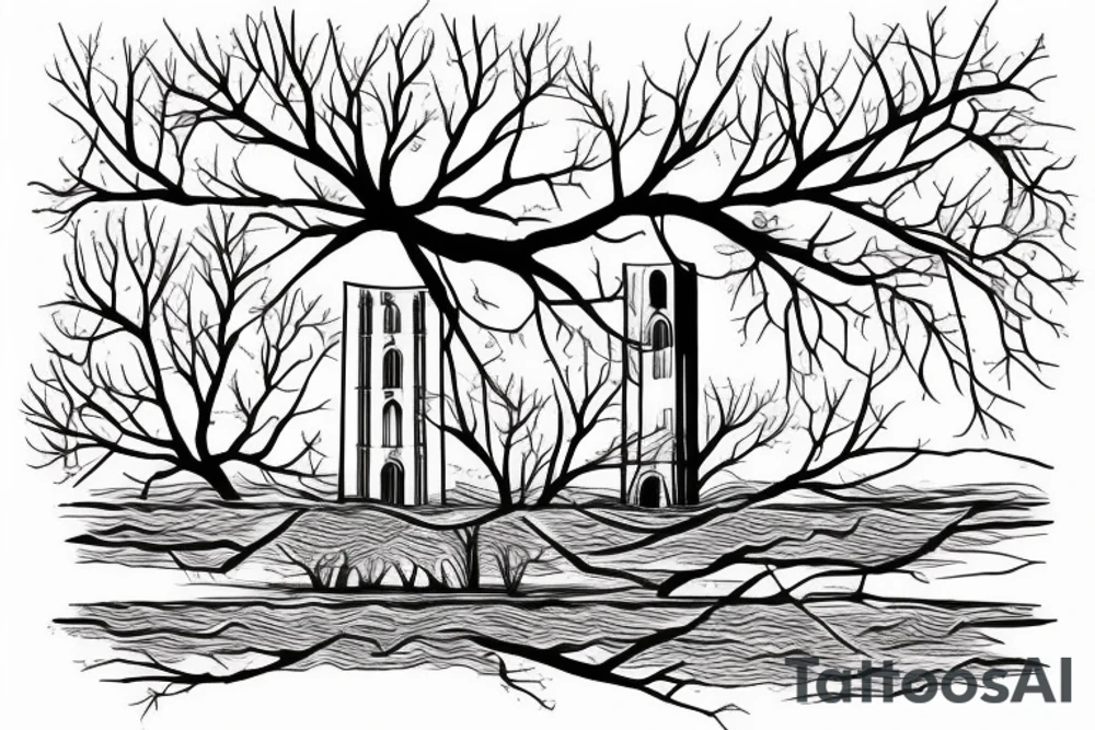 Tower surrounded by mulberry branches with a river passing at the foot of the tower tattoo idea