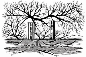 Tower surrounded by mulberry branches with a river passing at the foot of the tower tattoo idea