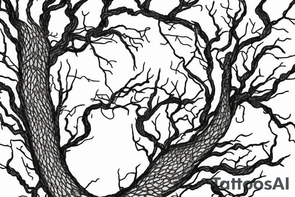 Tower surrounded by mulberry branches with a river passing at the foot of the tower tattoo idea