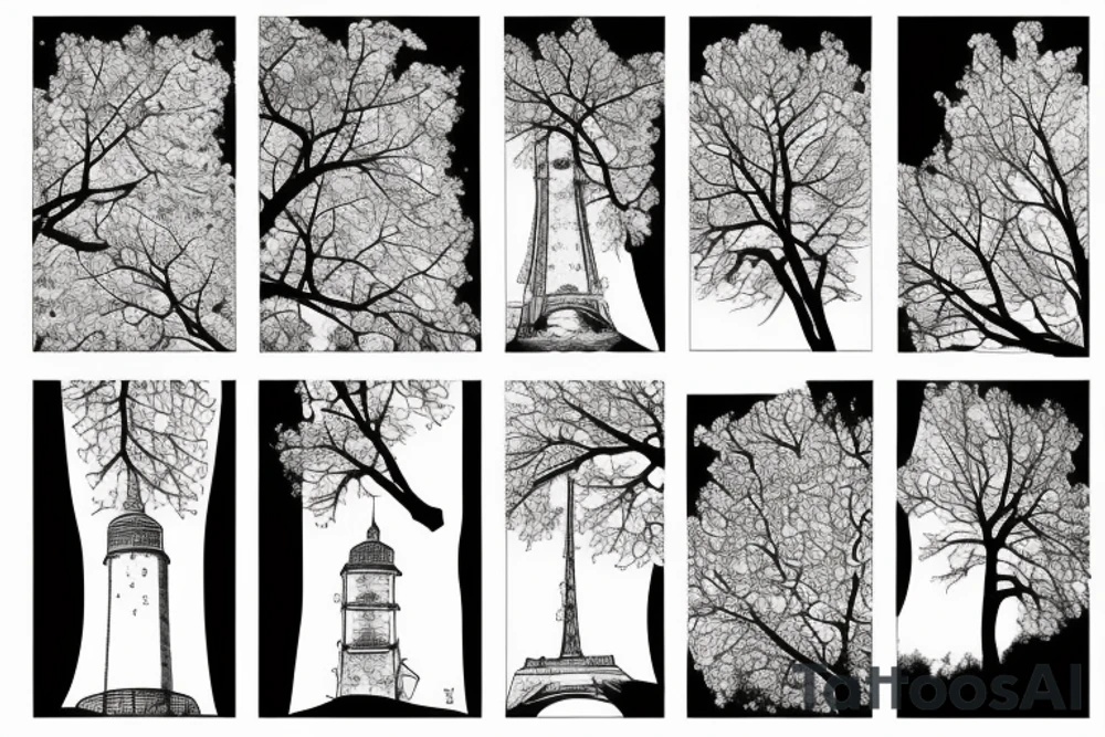 Tower surrounded by mulberry branches with a river passing at the foot of the tower tattoo idea