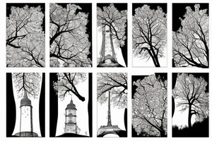 Tower surrounded by mulberry branches with a river passing at the foot of the tower tattoo idea