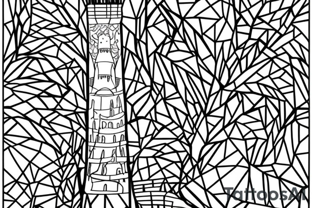 Tower surrounded by mulberry branches with a river passing at the foot of the tower tattoo idea