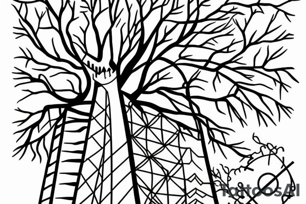 Tower surrounded by mulberry branches with a river passing at the foot of the tower tattoo idea