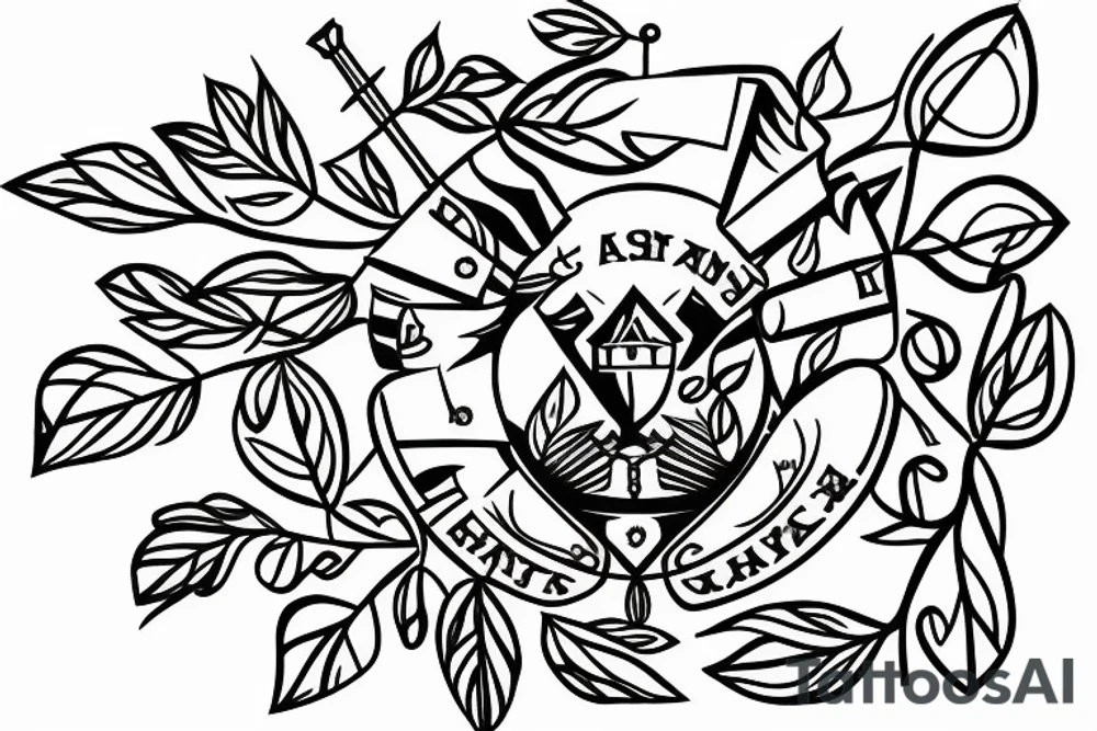 An image in the style of a coat of arms, depicting a tower (similar to that of a chess board) with small branches or twigs growing around it. tattoo idea