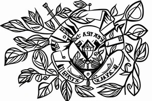 An image in the style of a coat of arms, depicting a tower (similar to that of a chess board) with small branches or twigs growing around it. tattoo idea
