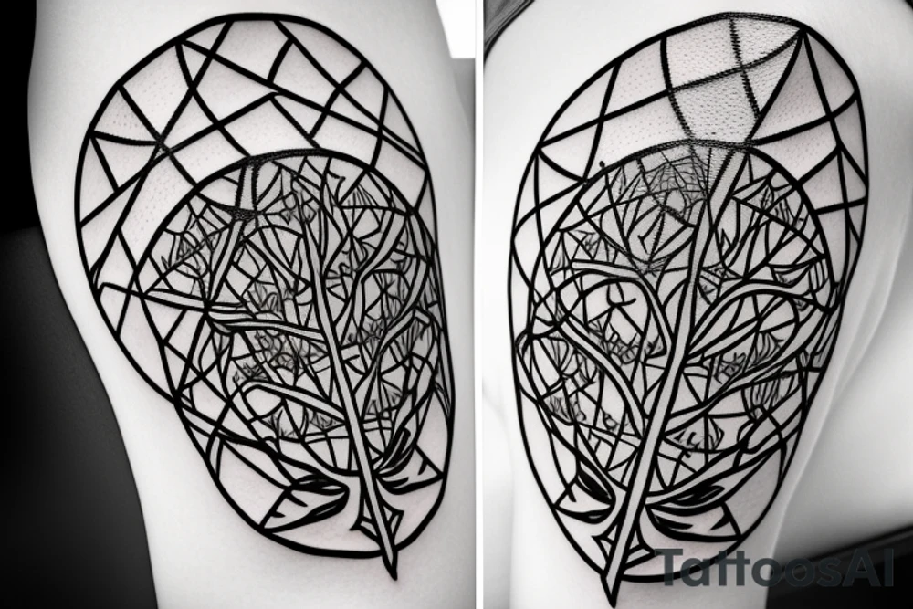 An image in the style of a coat of arms, depicting a tower (similar to that of a chess board) with small branches or twigs growing around it. tattoo idea
