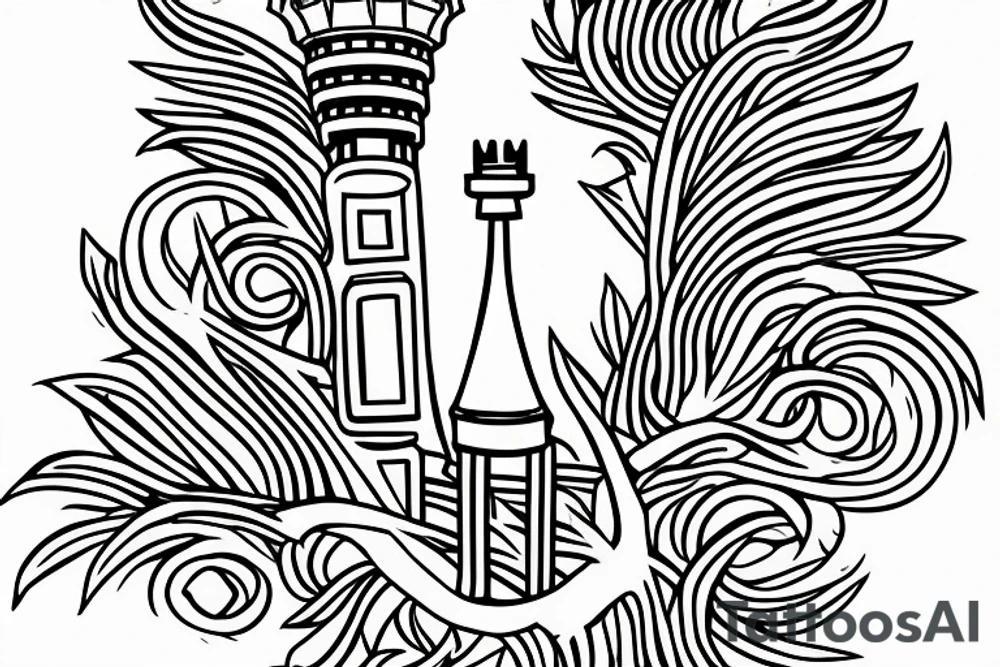 An image in the style of a coat of arms, depicting a tower (similar to that of a chess board) with small branches or twigs growing around it. tattoo idea