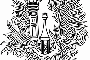 An image in the style of a coat of arms, depicting a tower (similar to that of a chess board) with small branches or twigs growing around it. tattoo idea