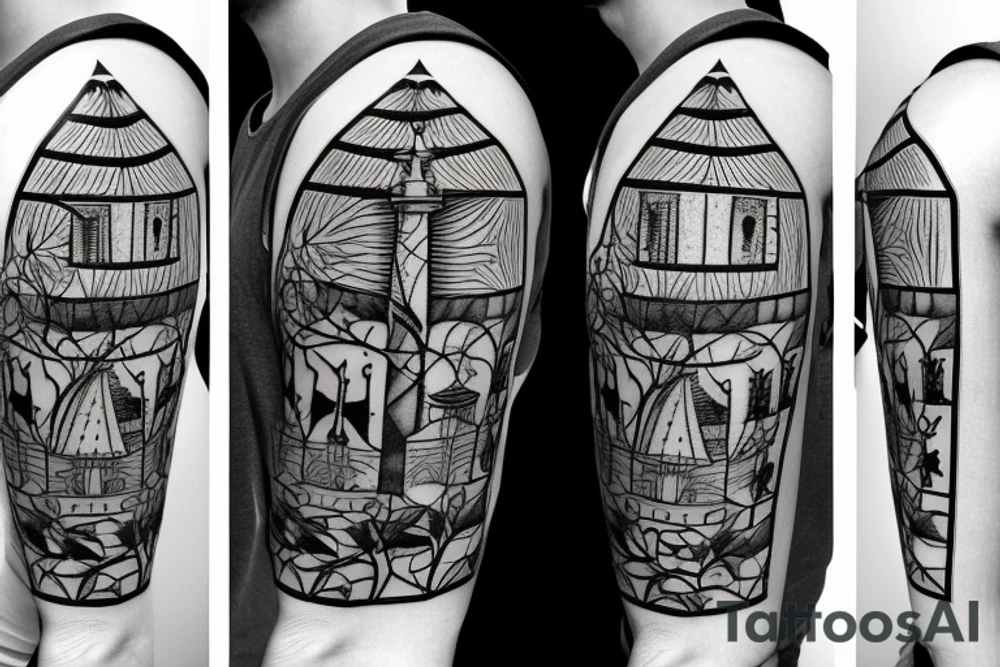An image in the style of a coat of arms, depicting a tower (similar to that of a chess board) with small branches or twigs growing around it. tattoo idea